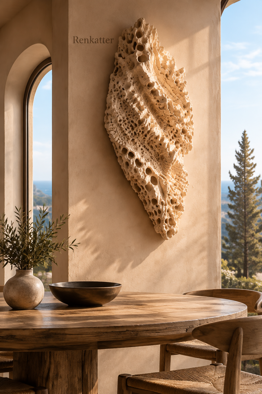 Renkatter Organic Porous Travertine Vertical Wall Sculpture