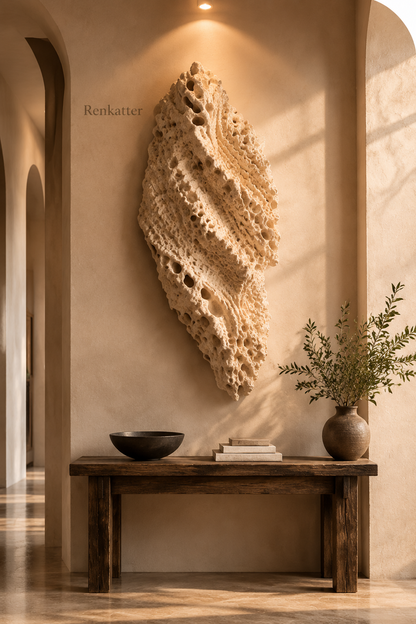 Renkatter Organic Porous Travertine Vertical Wall Sculpture